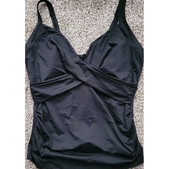 Swim Top Black 18 DDD Wrap Front XL Solid Underwire Tummy Control Lands End S420 - Picture 1 of 7